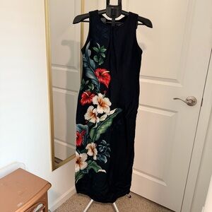 Iolani Hawaiian Floral Maxi Dress Sleeveless Black Tropical Hibiscus Small